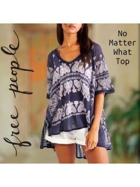 FREE PEOPLE No Matter What Oversized Cotton Mesh Top in Navy/White NWT